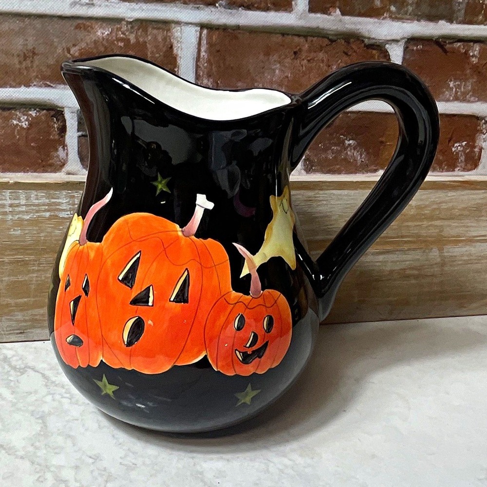 Target Halloween Pumpkin Ceramic Pitcher, Glossy Black, 32 oz, Safe D/M